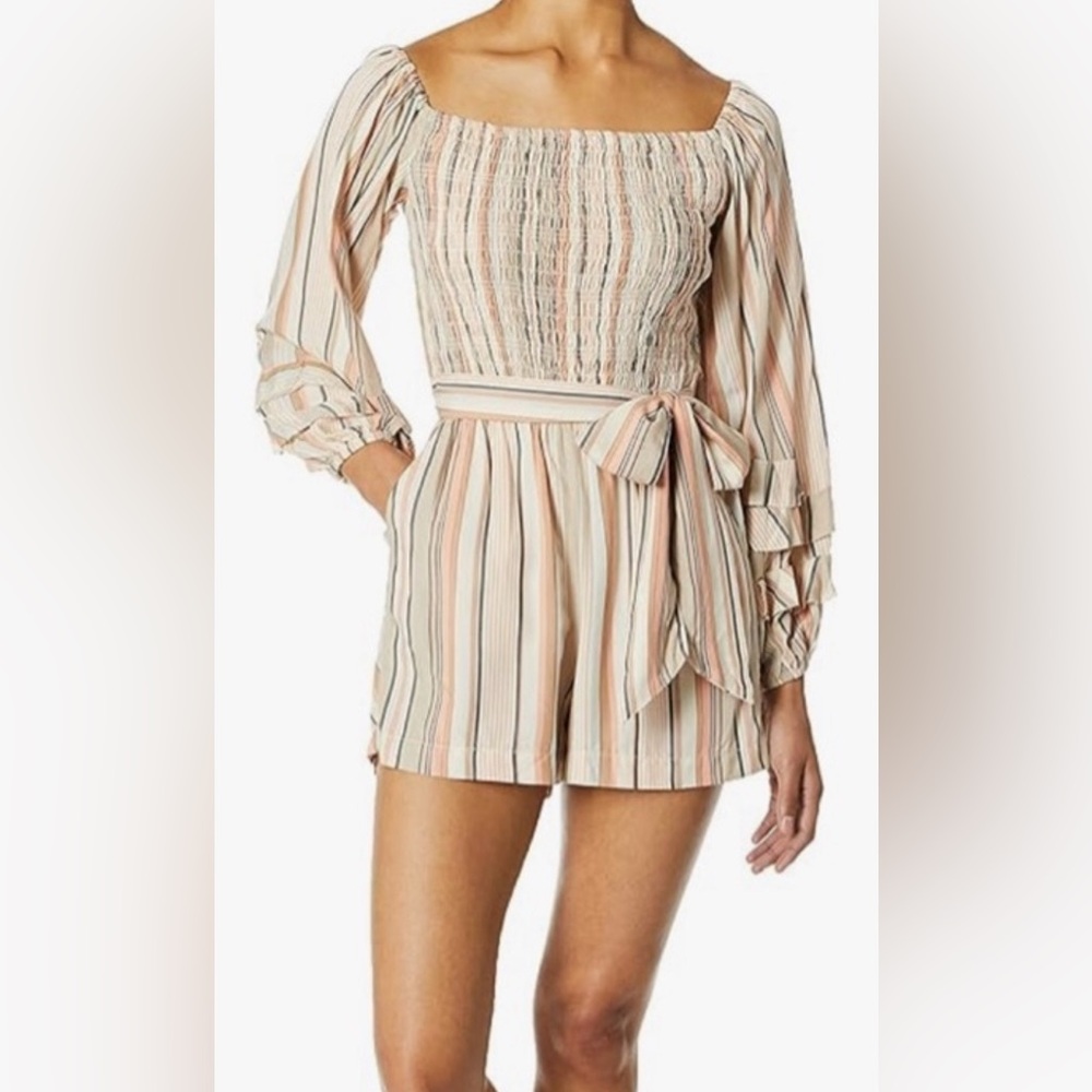 Ella Moss Striped Shorts Romper with Tie Belt NWT Peach, Pink, Cream